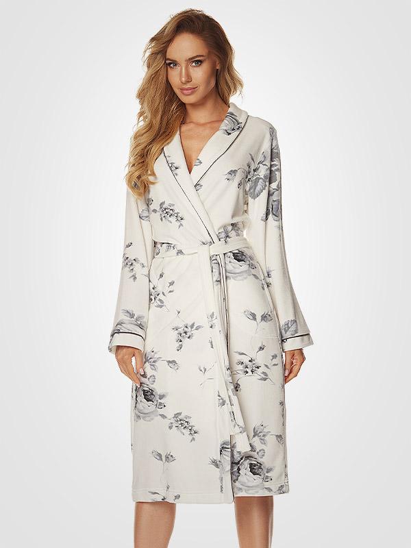L&L kokvilnas halāts "Loreta White - Grey Flower Print"