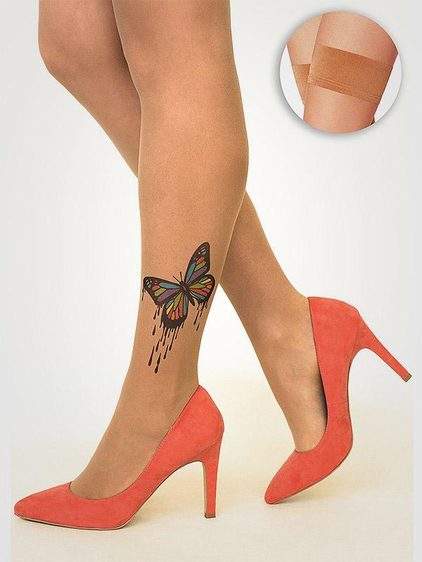 Stop & Stare pielīmējamās zeķes ar tetovējumu "Dripping Butterfly 20 Den Sun"