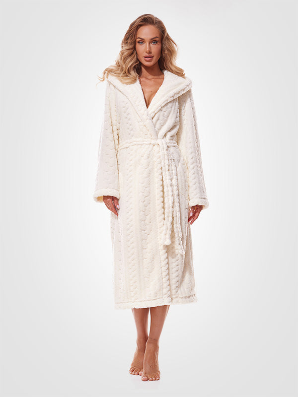 L&L Long Patterned Hooded Robe Sweet Long Ecru