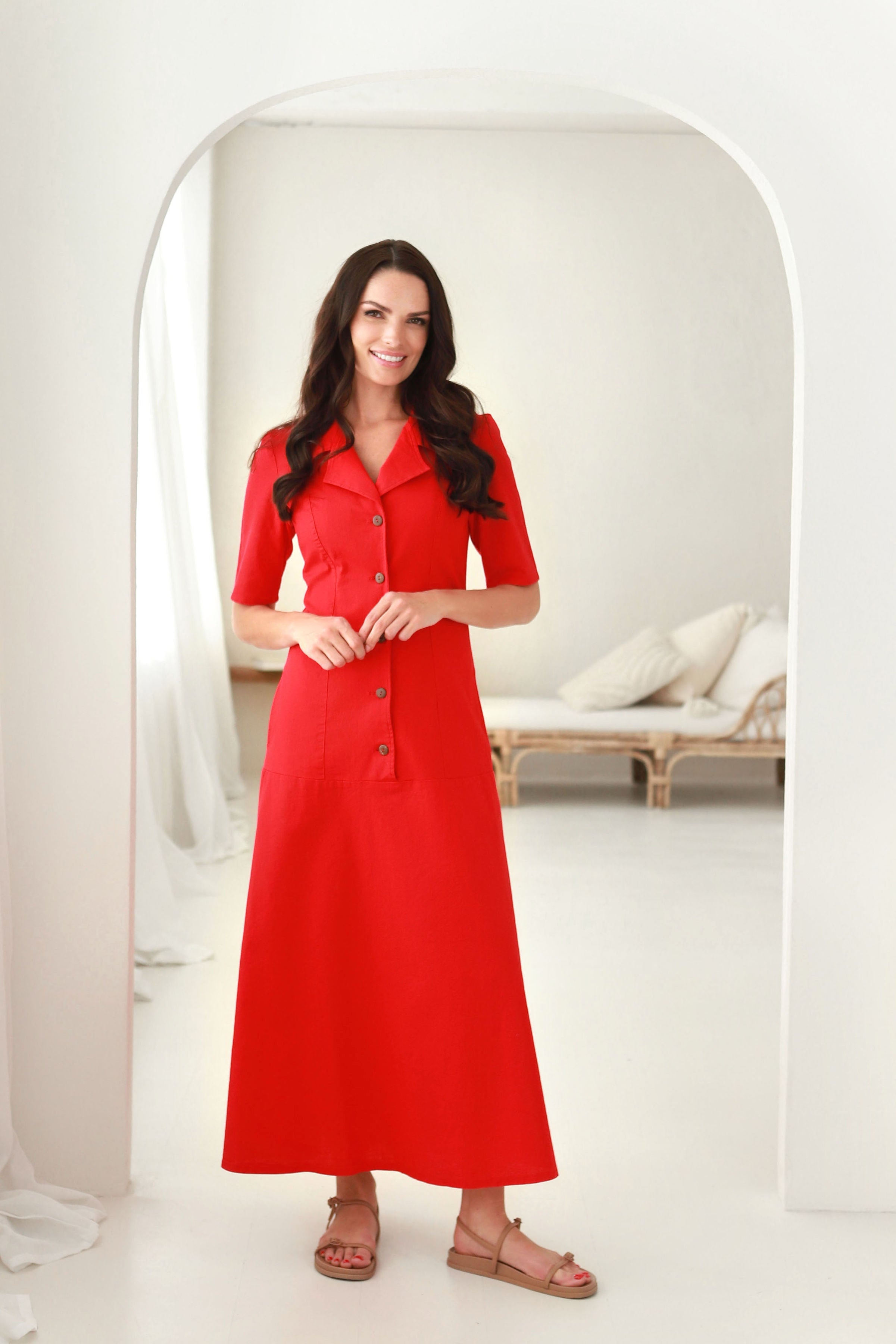 Lega Long Linen Dress With Buttons Paulina Red
