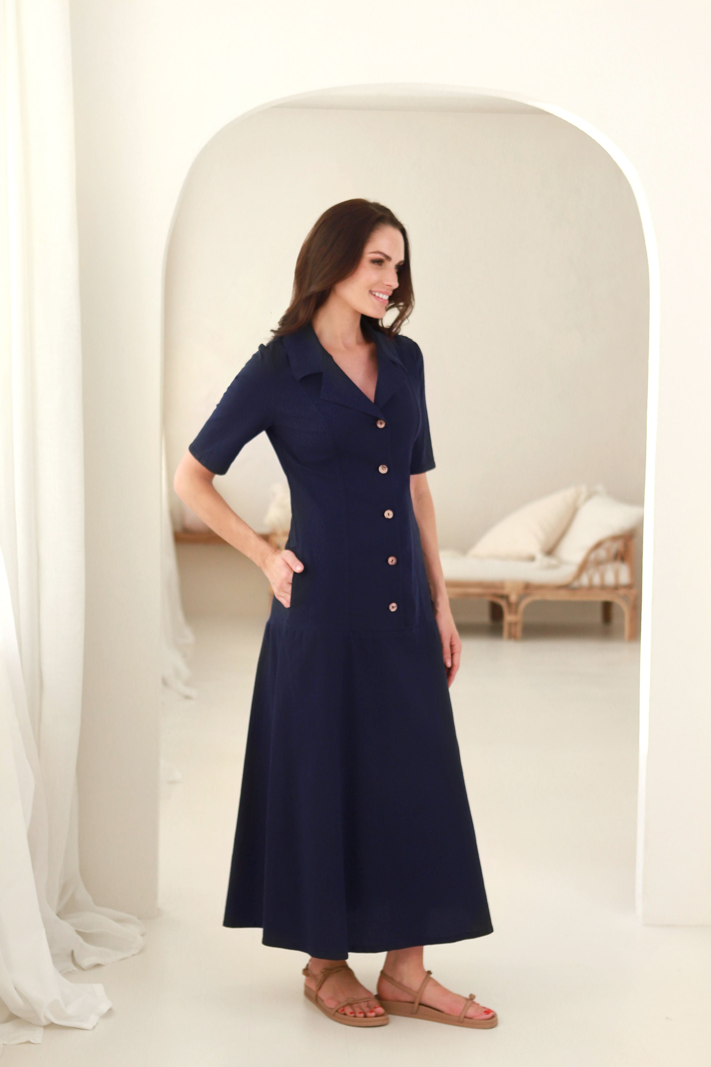 Lega Long Linen Dress With Buttons Paulina Dark Blue