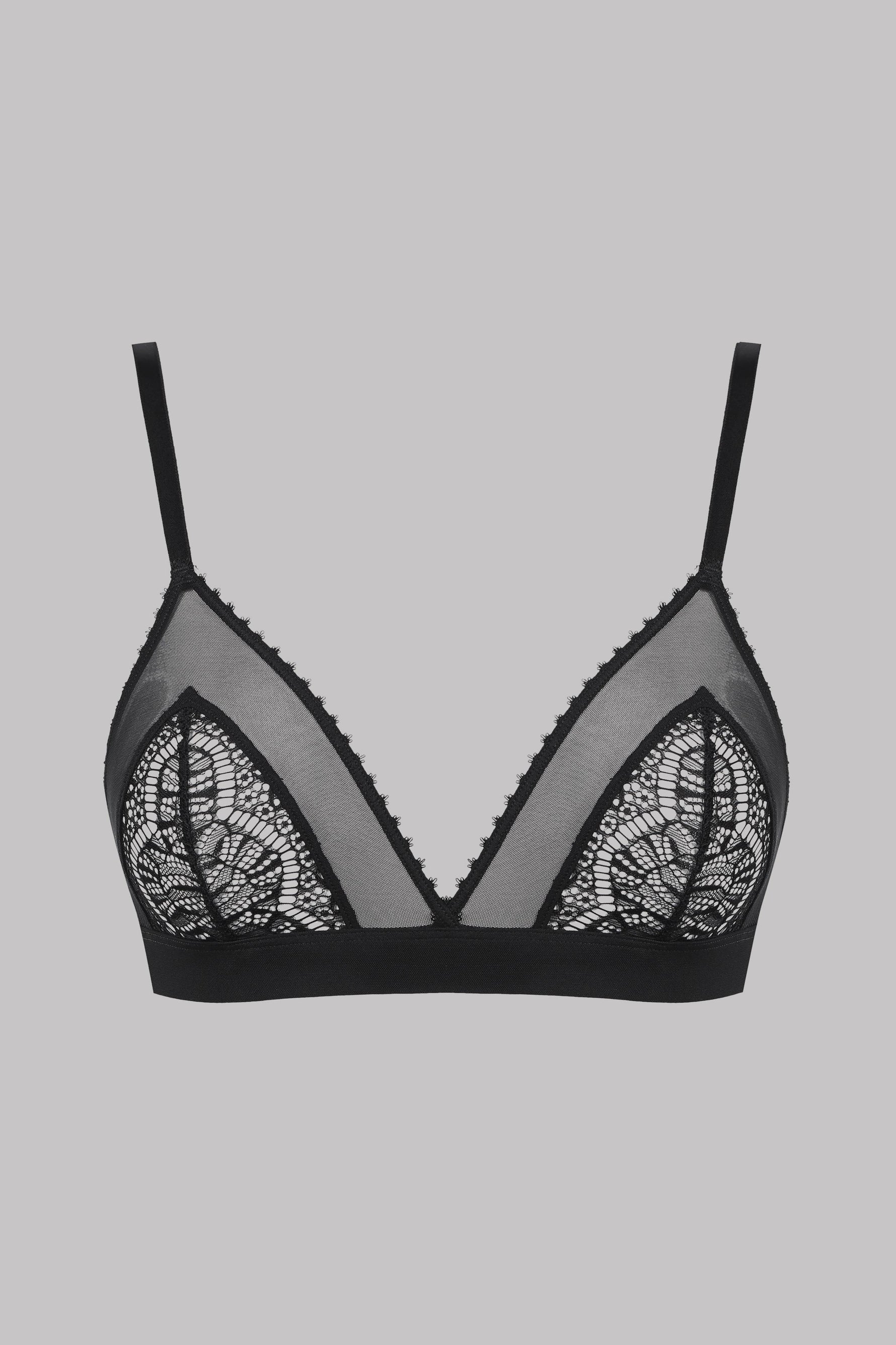 Maison Close caurspīdīgs trīsstūrveida krūšturis ar mežģīnēm "Accroche Coeur Black"