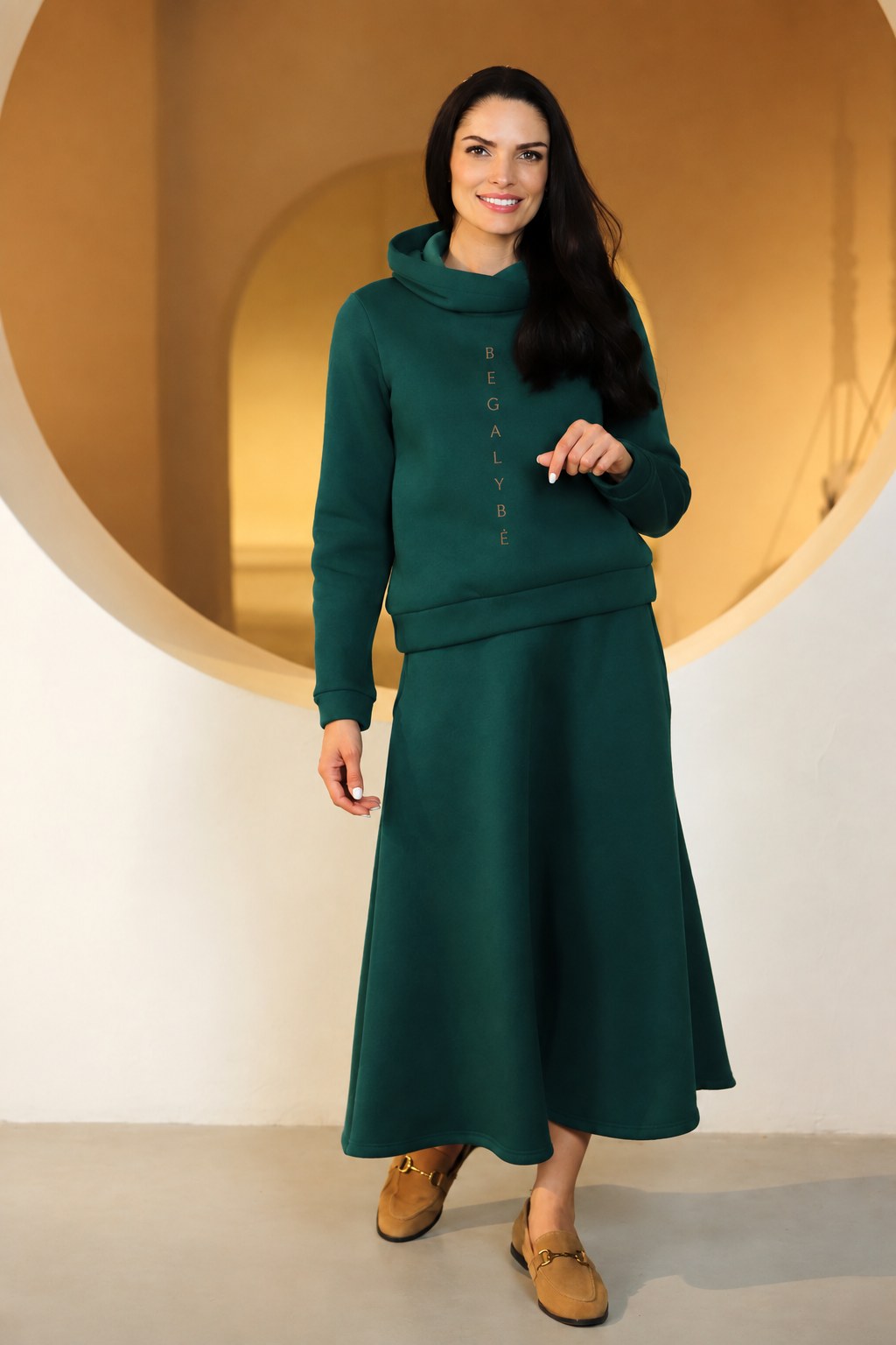 Lega Cotton Hoodie with Embroidered Lettering Begalybė Emerald Green
