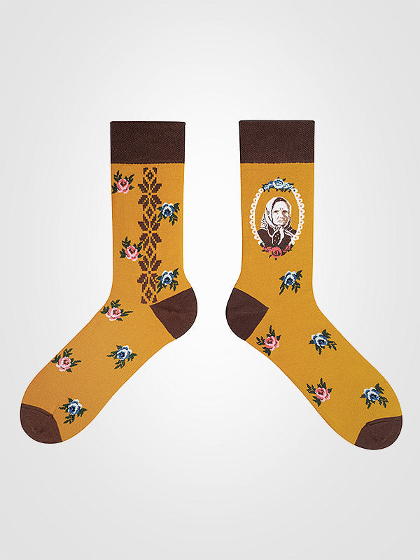 Spalvotos Kojines unisex medvilninės kojinės "Žemaitė Yellow - Brown"