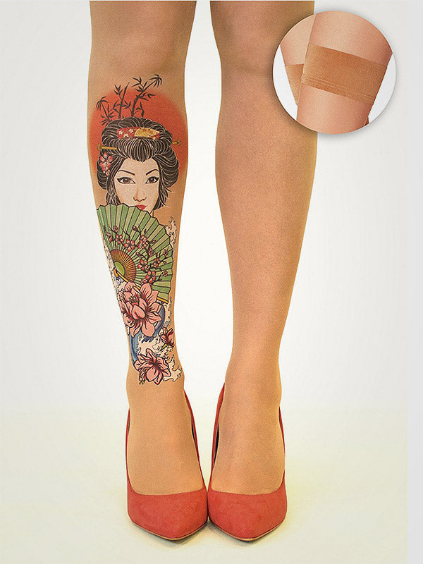 Stop & Stare prilipinamos kojinės su tatuiruote "Geisha 20 Den Sun"