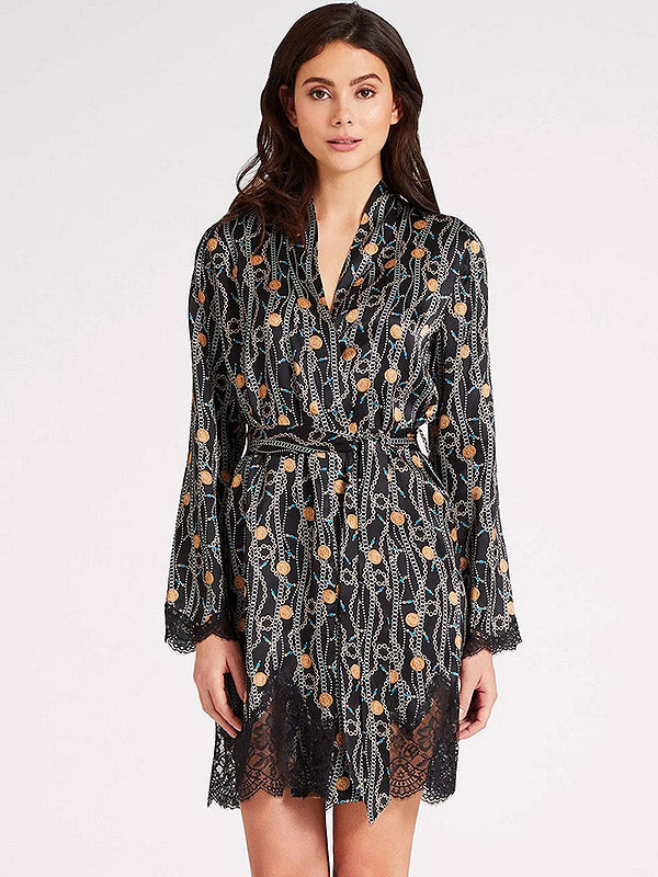Aubade Silk Robe with Lace Toi Mon Amour Black - gold - blue