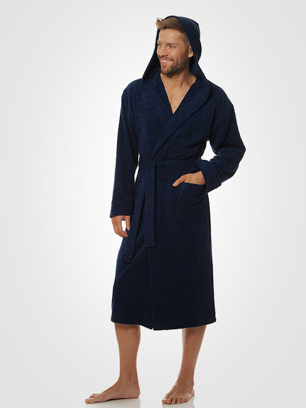 L&L men's cotton hooded bathrobe Antonio Dark Blue