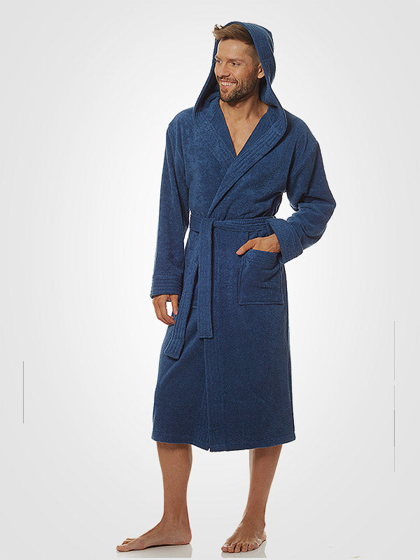 L&L men's cotton hooded bathrobe Antonio Blue
