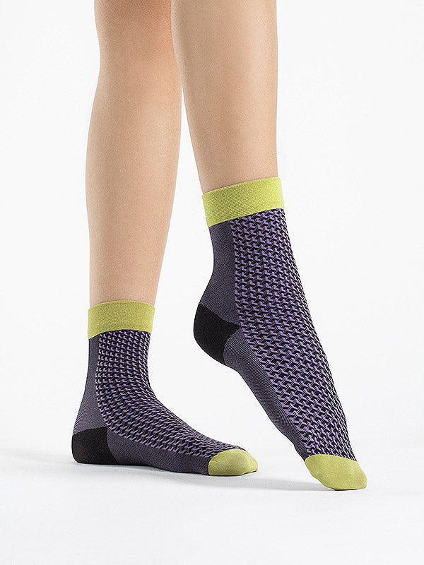 Fiore 3D Patterned Socks Op Art 40 Den Black - Dark Lilac - Yellow
