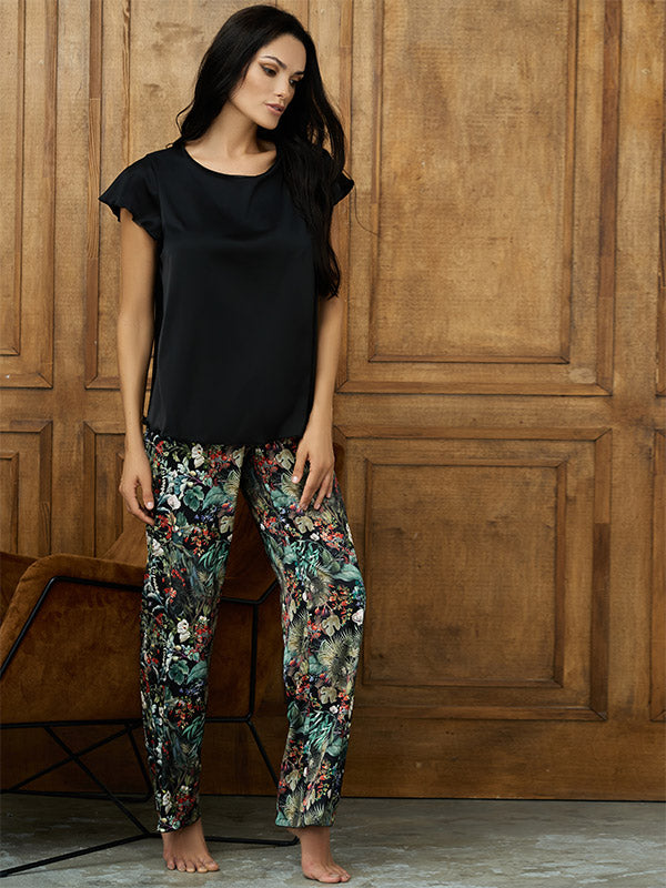 Lega Satin Pajamas With Long Pants Madonna Black - Multicolor Floral Print