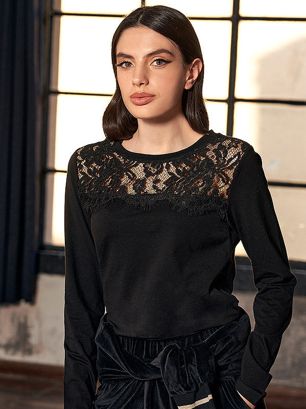 Bisbigli Cotton Blouse with Lace Aurora Black