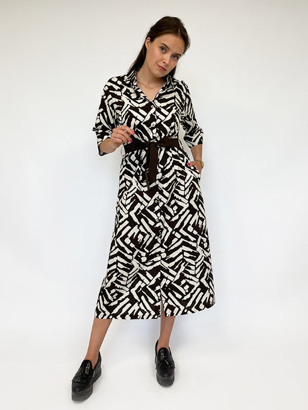 Il Vento E La Seta Cotton Midi Dress With Belt Laurita Brown - White