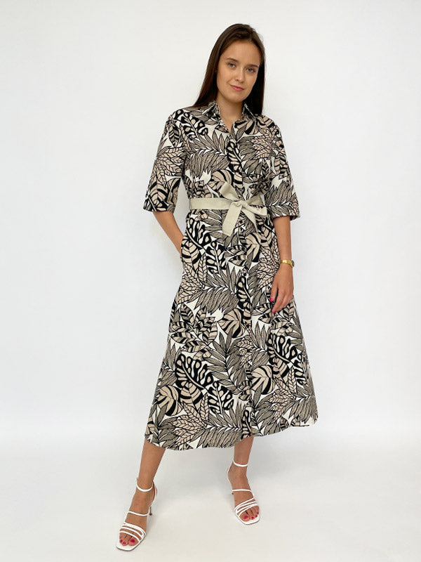 Il Vento E La Seta Cotton Midi Dress With Belt Laurita Sand - Black
