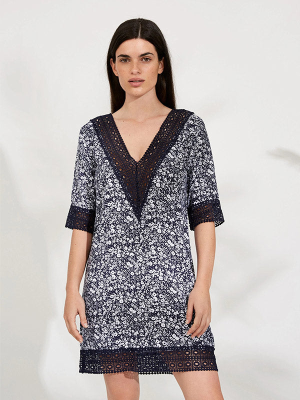 Ysabel Mora Viscose Tunic Flowery Black - White