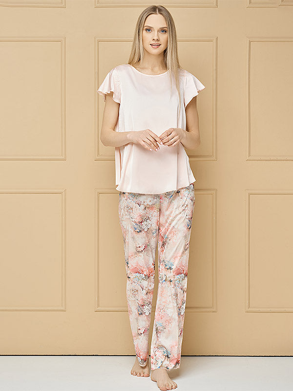 Lega Satin Pajamas With Long Pants Madonna Light Pink Flower Print