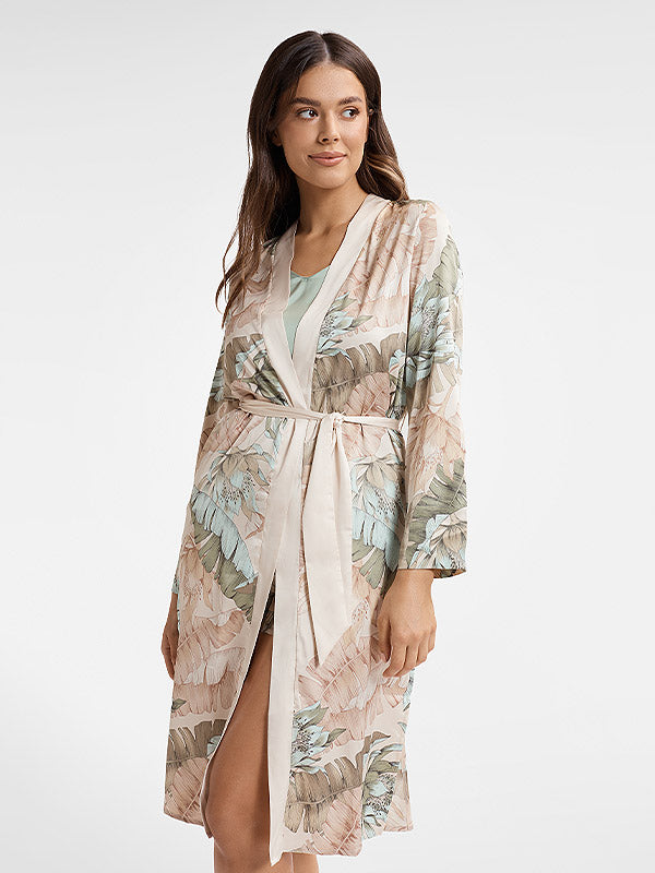 Esotiq atlasinis chalatas "Ciao Beige - Multicolor Flower Print"