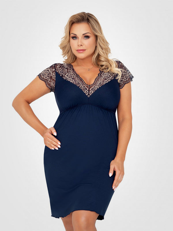 Donna Viscose With Lace Sleeves Nightdress Greta Plus Dark Blue - Golden