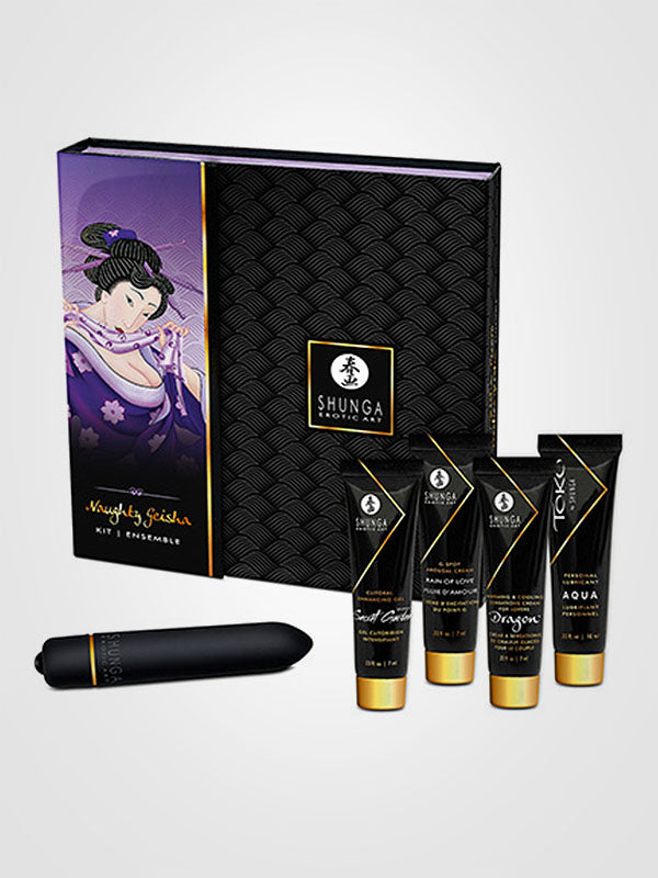 Shunga mini masažuoklio ir stimuliuojančių gelių komplektas "Naughty Geisha Violet"