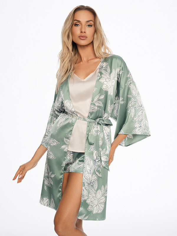 Esotiq atlasinis chalatas "Dedicate Olive - Cream Flower Print"