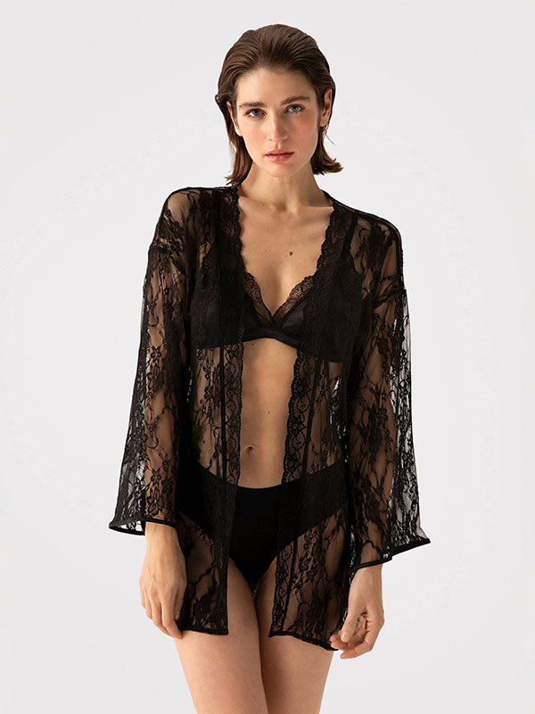 Fiore nėriniuotas chalatas "Meadow Black"