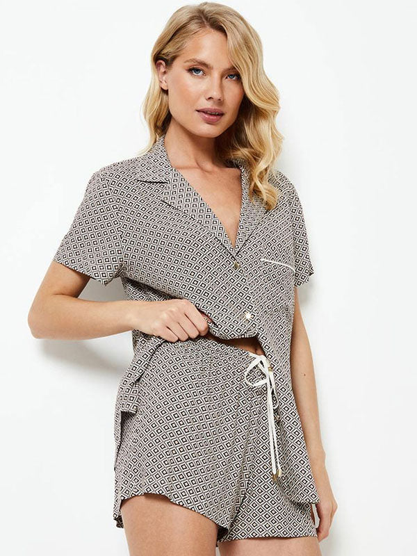Aruelle Viscose Pajamas Set Jamila Short White - Beige - Black Ornament Print
