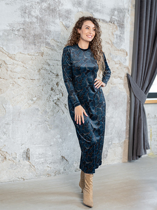 Lega Velour Midi Dress Amberly Navy - Turquoise Flower Print Velour