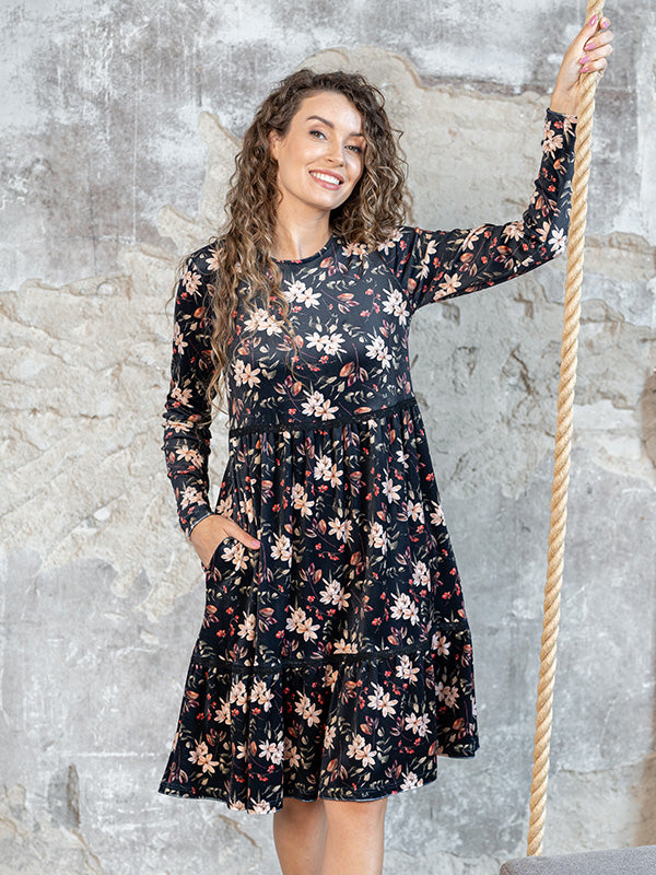 Lega laisvo silueto veliūrinė suknelė "Rafaela Black - Multicolor Flower Print Velour"