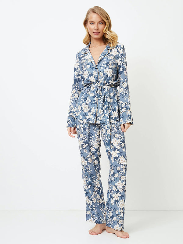 Aruelle Long Viscose Pajamas Francine Long Blue - White Flower Print