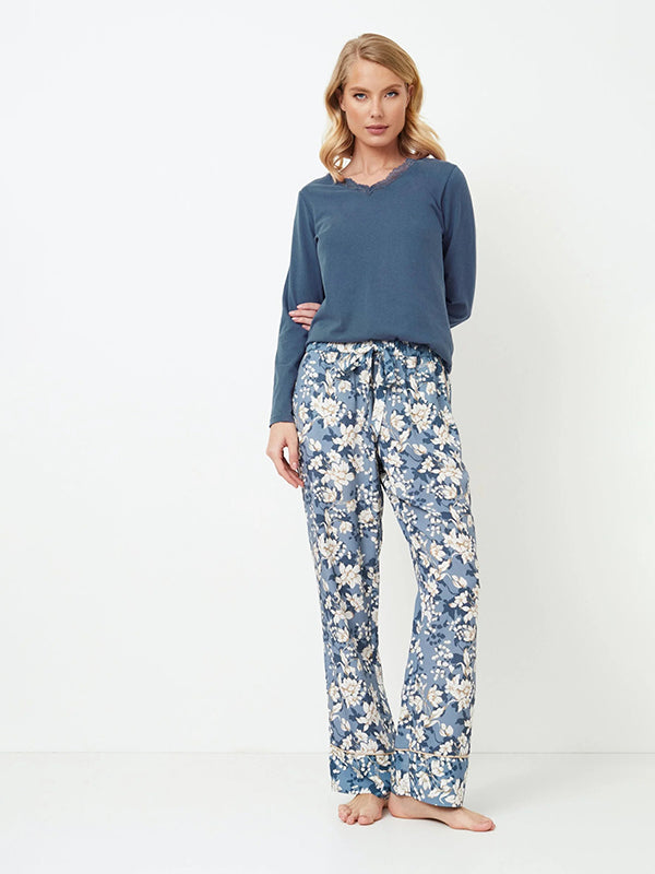 Aruelle ilga medvilnės ir viskozės pižama  "Fleur Blue - White Flower Print"