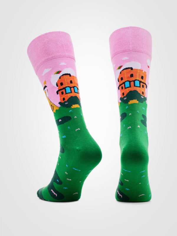 Spalvotos Kojines unisex medvilninės kojinės "Vilnius Gediminas Pink - Green"