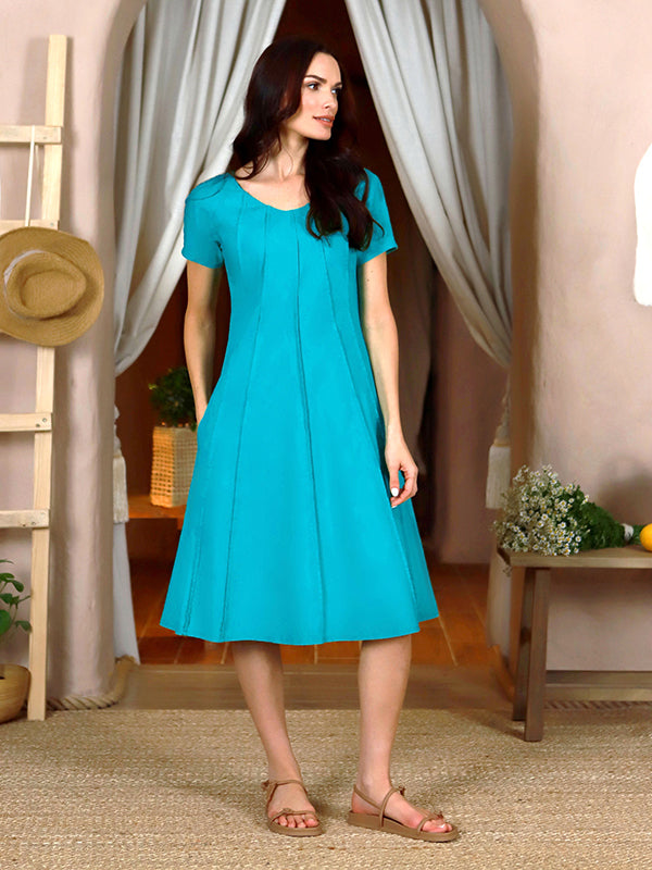 Lega Stretch Linen Midi A-line Dress Orinta Turquoise