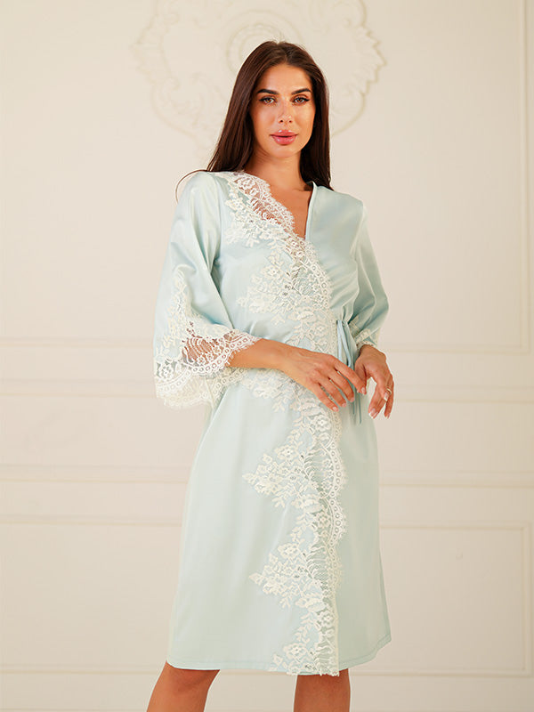 Komilfo Silk Robe with Lace Narcissus Icy Moon - White