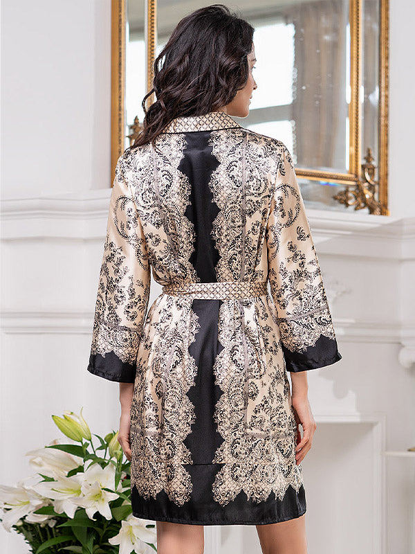 MiaMia šilkinis chalatas "Penelopa Beige - Black Ornament Print"