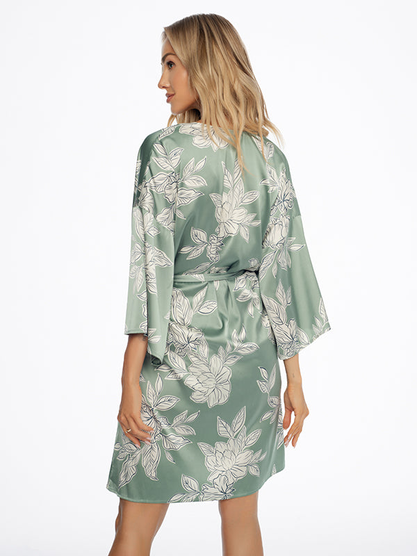 Esotiq atlasinis chalatas "Dedicate Olive - Cream Flower Print"