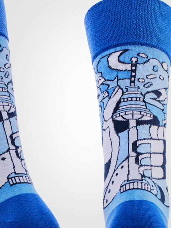 Spalvotos Kojines unisex medvilninės kojinės "Vilnius 700 Miestas Skamba Blue - White"