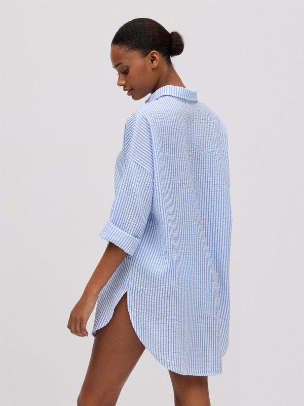 Ysabel Mora oversize marškiniai "Lorena White - Blue Stripes"