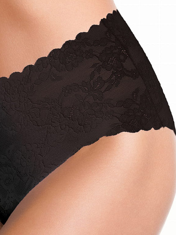 Julimex lazeriu kirptos aukšto juosmens nėriniuotos kelnaitės "Bellie Maxi Black"