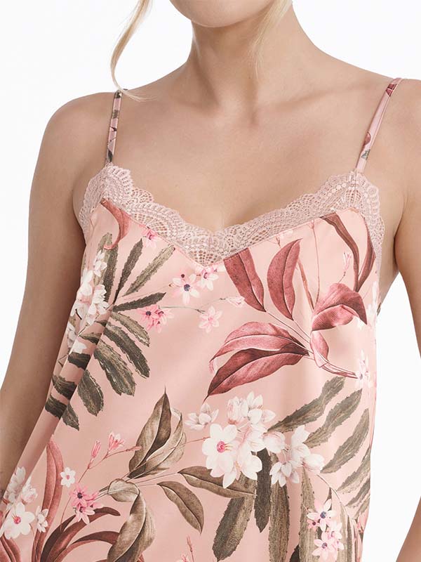 Esotiq trumpa atlasinė pižama su nėriniais "Midnight Short Dusty Pink - Green - White Flower Print"