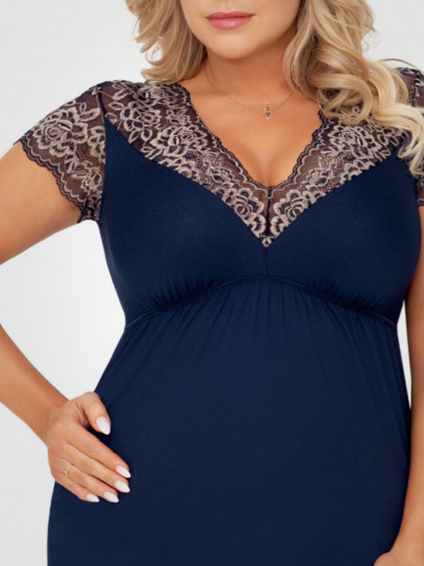 Donna viskoziniai naktiniai su nėriniuotomis rankovėmis "Greta Plus Dark Blue - Golden"