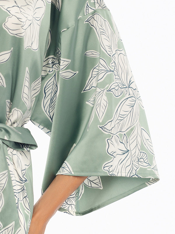 Esotiq atlasinis chalatas "Dedicate Olive - Cream Flower Print"